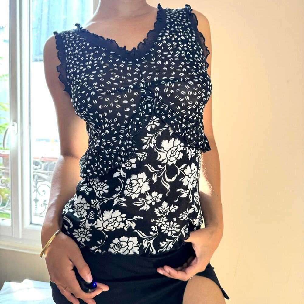 Vintage 00s euro floral print sheer mesh tank (S/M)